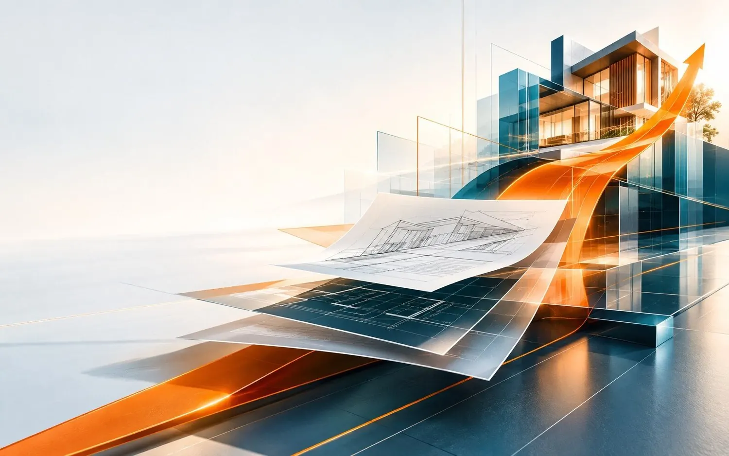 Architectural plans and modern glass building
